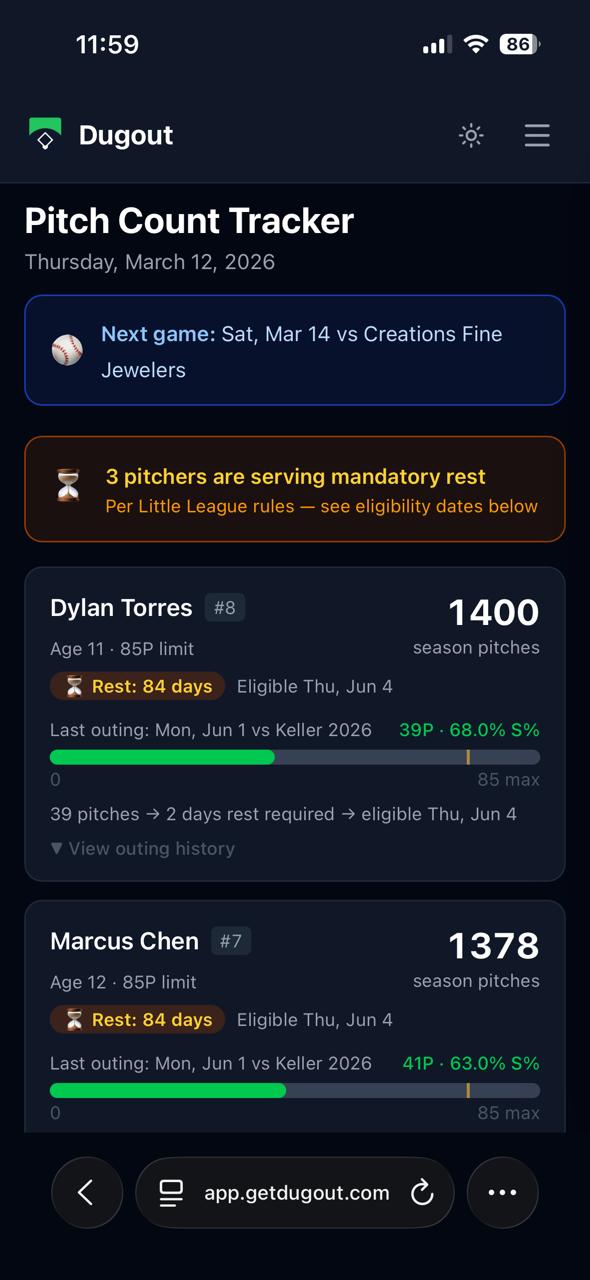 Little League pitch count tracker with rest day compliance